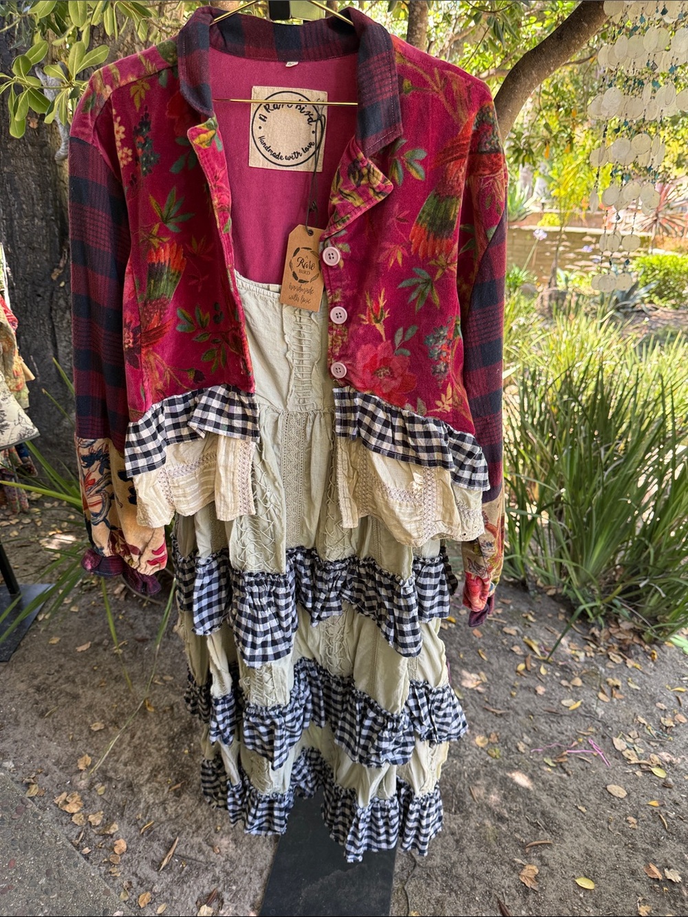 Boho Tiered Maxi Dress with Floral Red Jacket